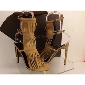 NIB GUCCI BROWN SUEDE 347284 FRINGE BECKY GLADIATOR HEEL TALL SANDALS 36.5 ITALY